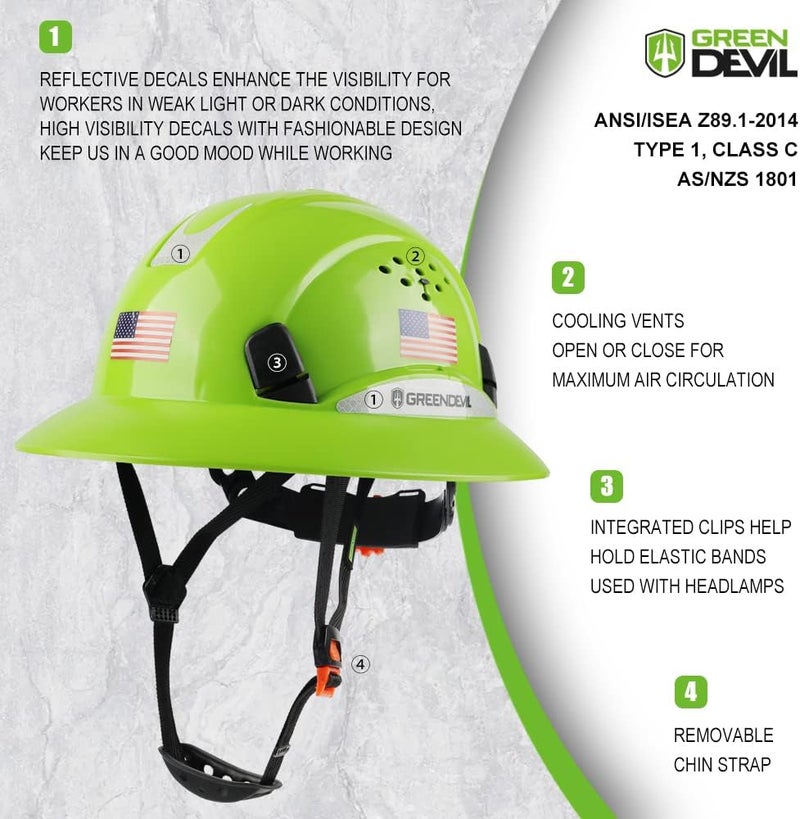 GREEN DEVIL Full Brim Hard Hat Vented Construction Safety Helmet OSHA Approved Cascos De Construccion Work Hardhats with Cooling Towel for Men&Women 6 Point Adjustable Ratchet Suspension - Image 3